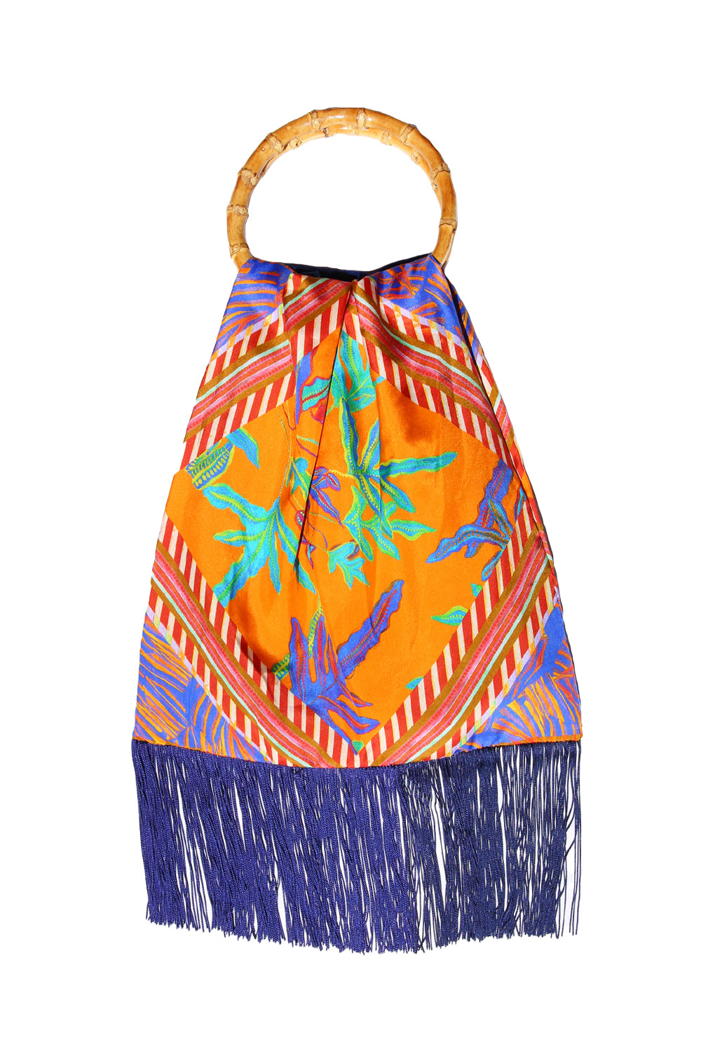 Eleni Malami Floral Silk Bag with Blue Tassels