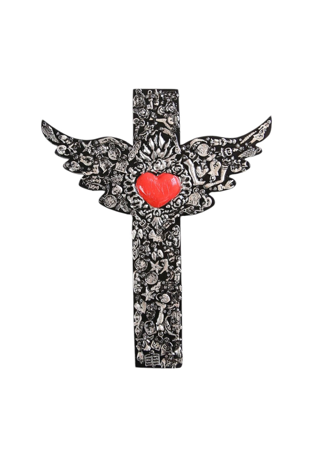 MEXICAN WOODEN CROSS WITH WINGS &amp; RED HEART