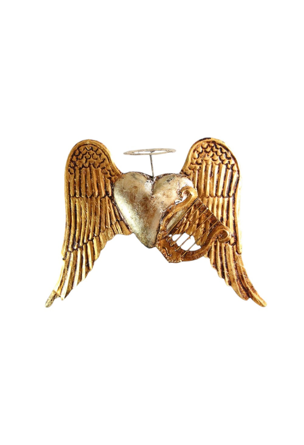 Mexican Folk Art Tin Antique Heart W/Wings Harp & Halo