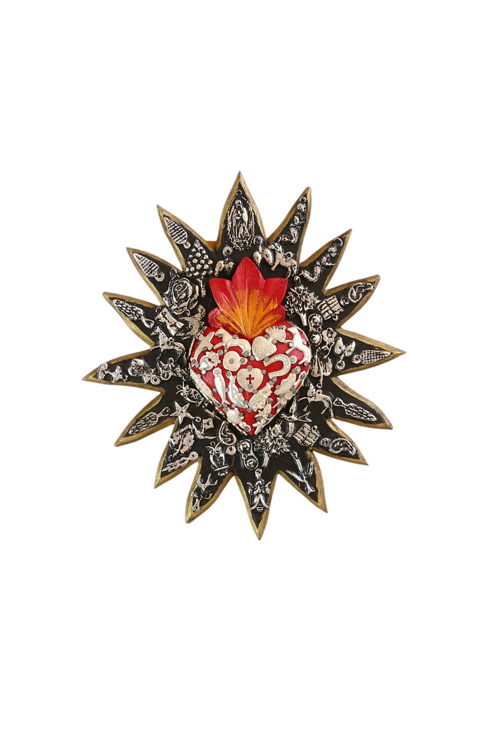 MEXICAN FOLK ART WOODEN HEART W/MILAGROS & SUN