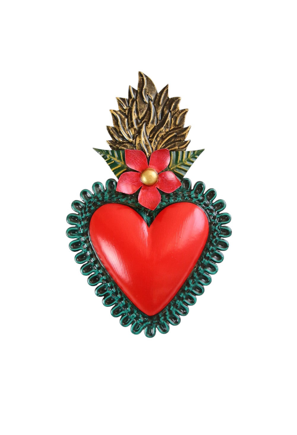 MEXICAN TIN HEART WITH RED FLOWER