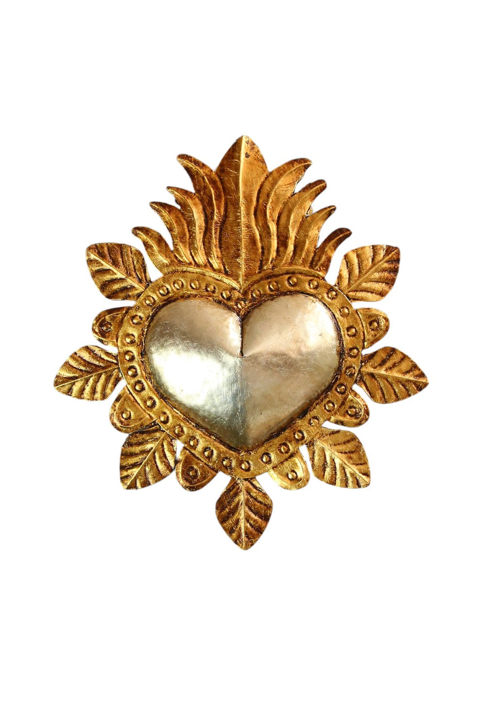 Mexican Folk Art Tin Antique Gold Heart W/Petals