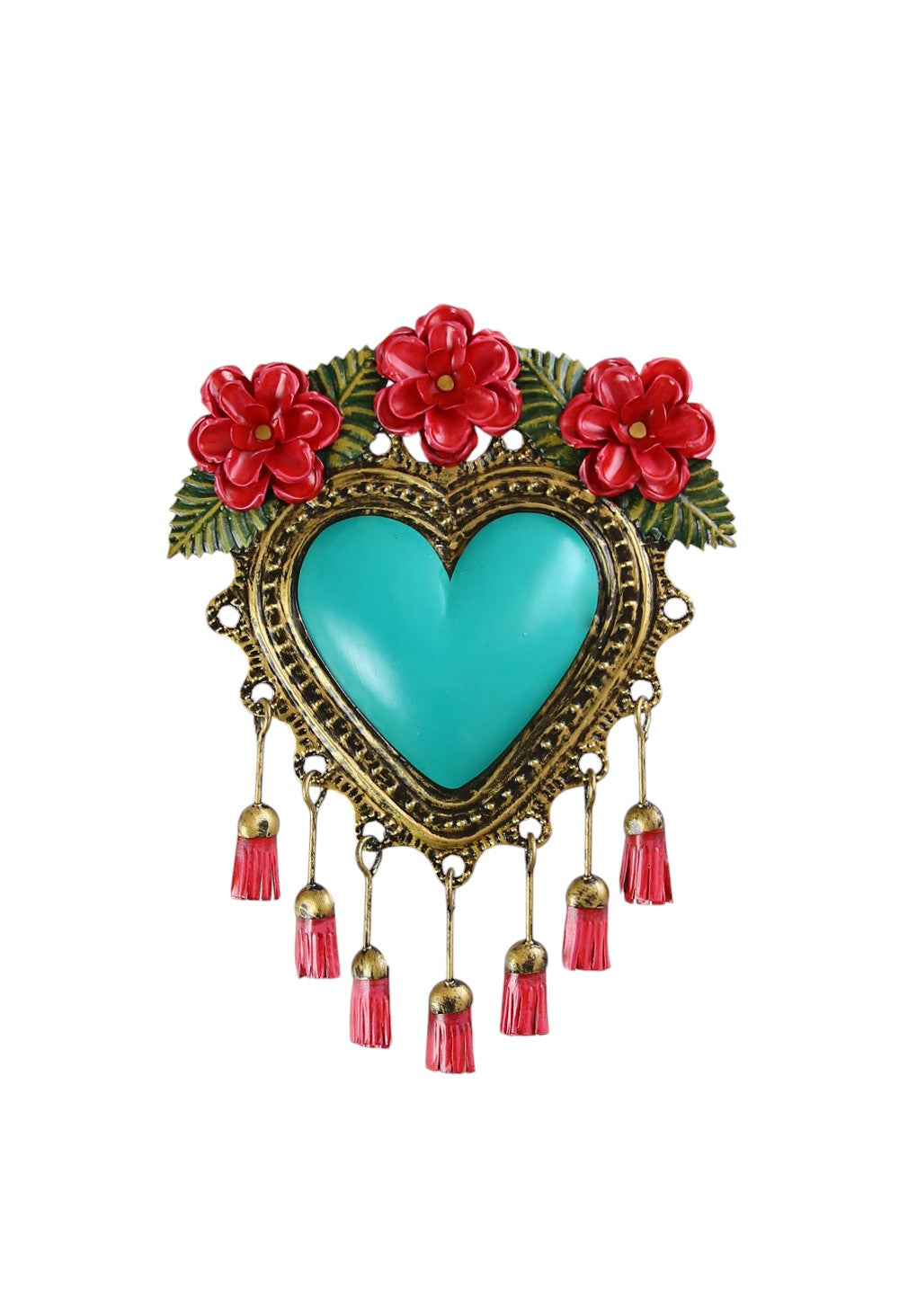 MEXICAN TURQUOISE TIN HEART TASSELS/FLOWERS