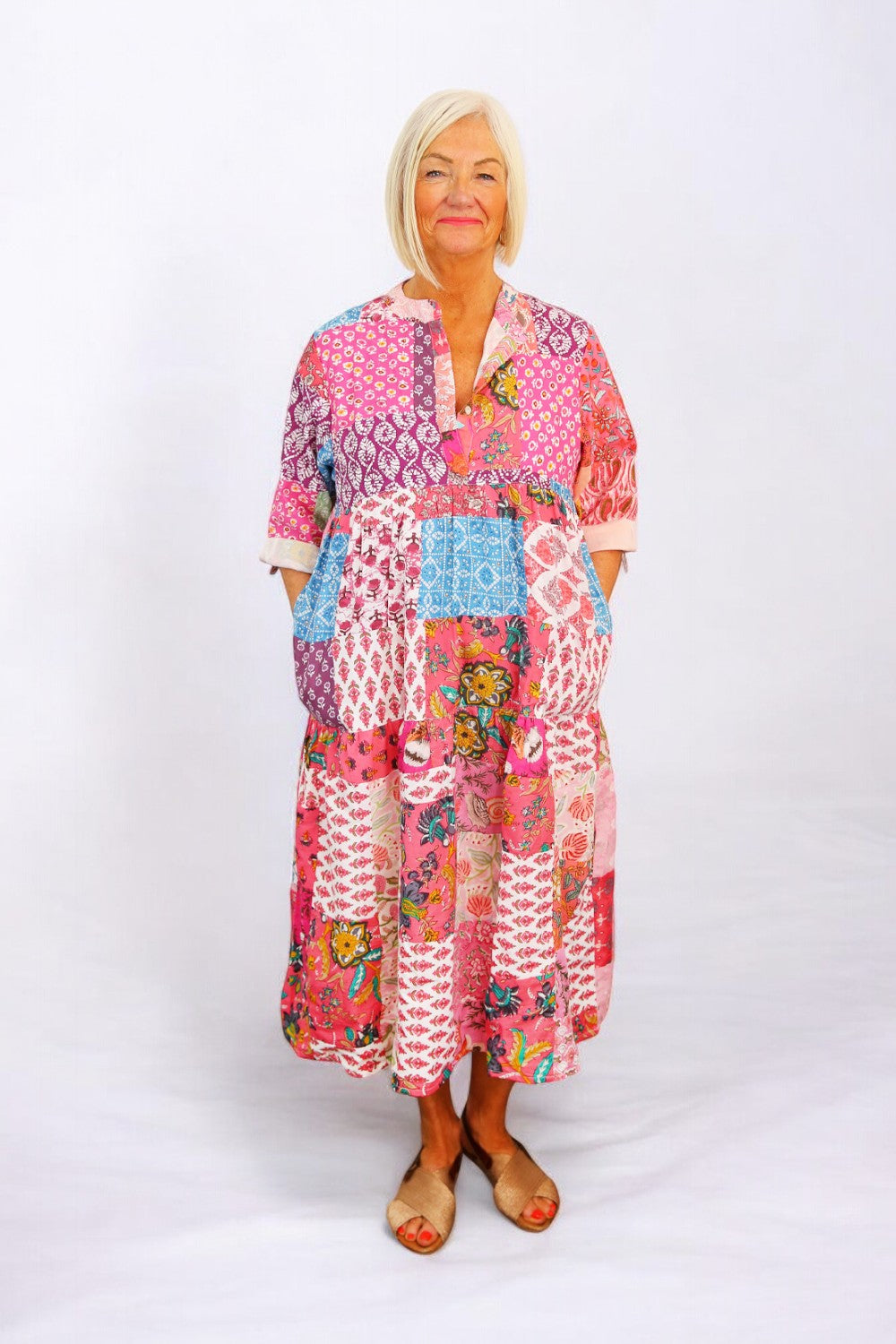 hiHANDMADE PATCHWORK PINK BATIK DRESS