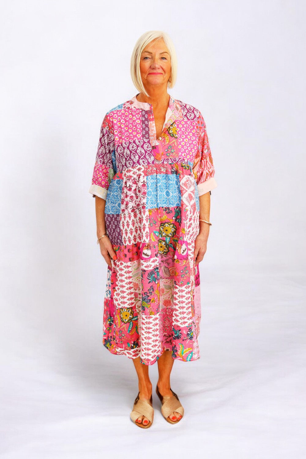 hiHANDMADE PATCHWORK PINK BATIK DRESS