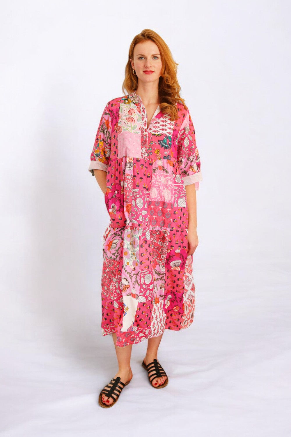 HI HAND MADE PATCHWORK PINK SHELL DRESS - S