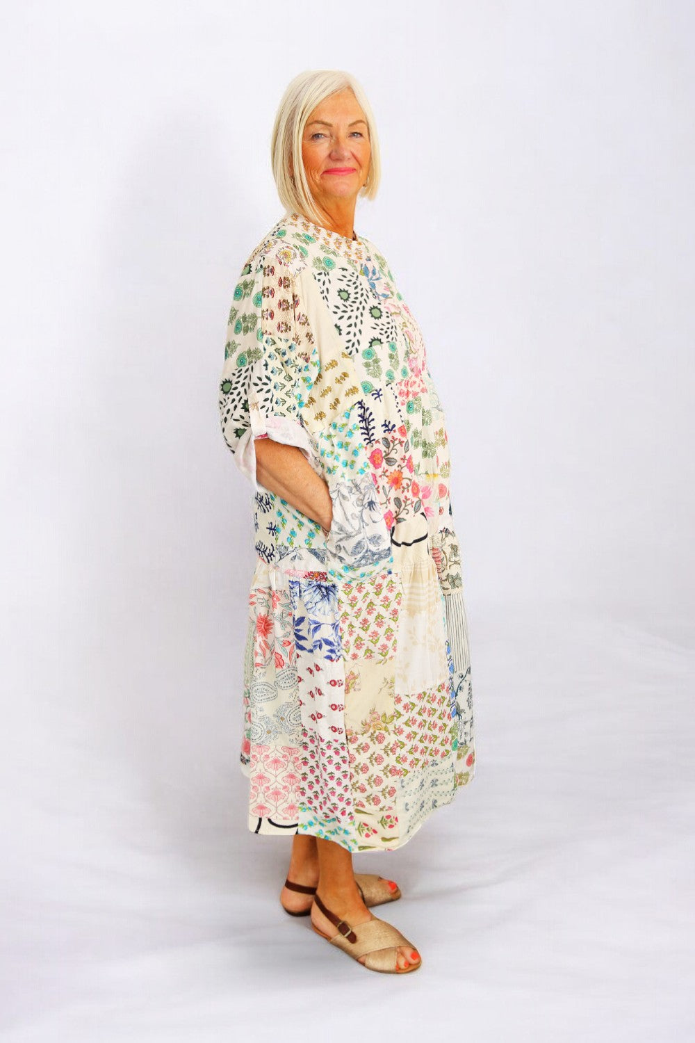 hiHANDMADE PATCHWORK WHITE AQUA BLOOM DRESS