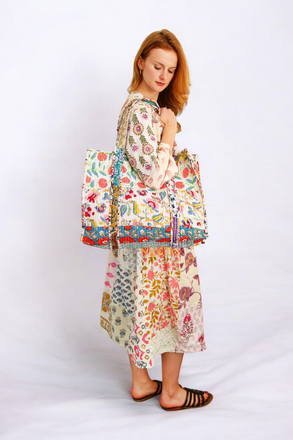 hiHANDMADEPATCHWORK FLORAL COTTON TOTE BAG