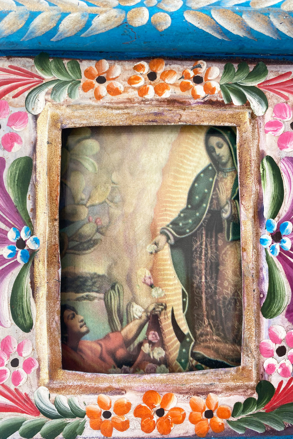 MEXICAN FOLK ART TIN HAND PAINTED FLORAL FRAME VIRGIN MARY