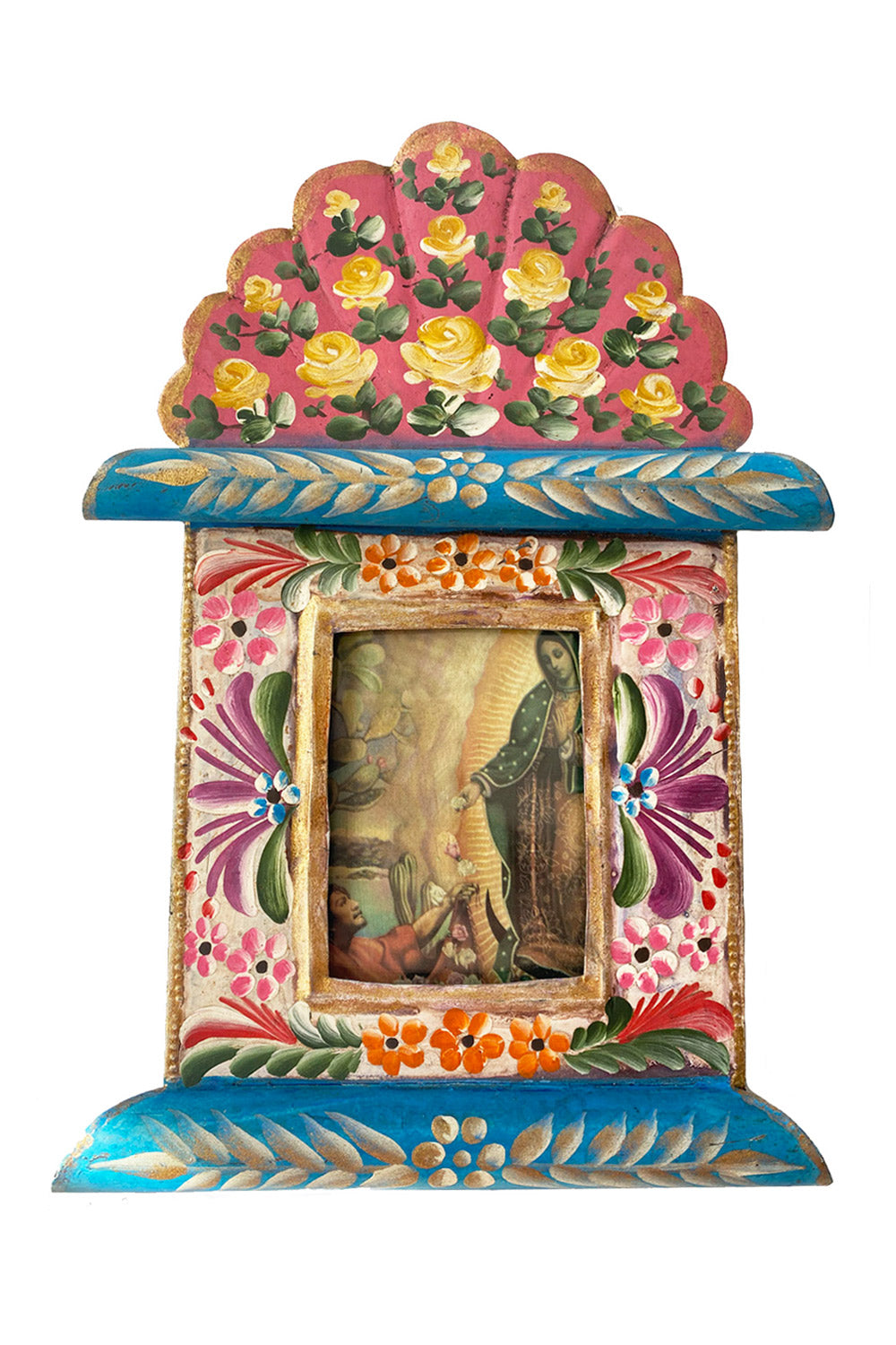 MEXICAN FOLK ART TIN HAND PAINTED FLORAL FRAME VIRGIN MARY
