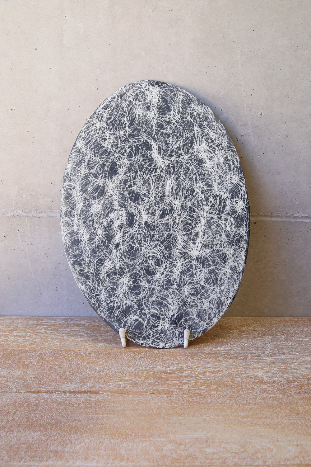 Italian Porcelain Oval Black &amp; White Etched Serving Tile