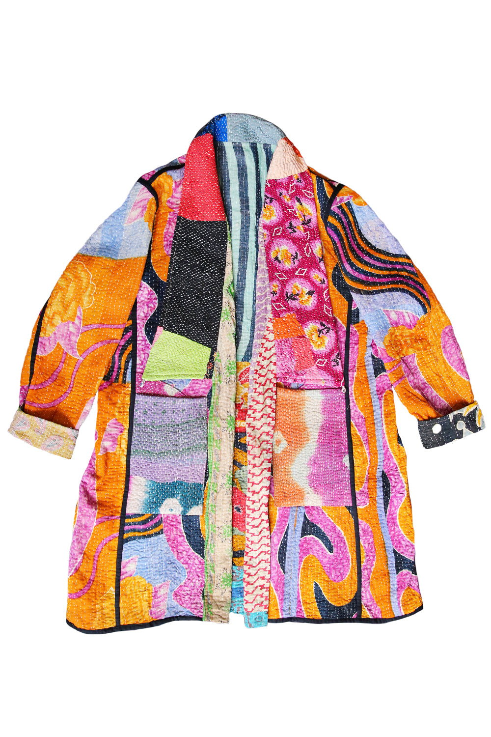 KANTHA COAT REVERSIBLE PATCHWORK GREEN DIAMOND