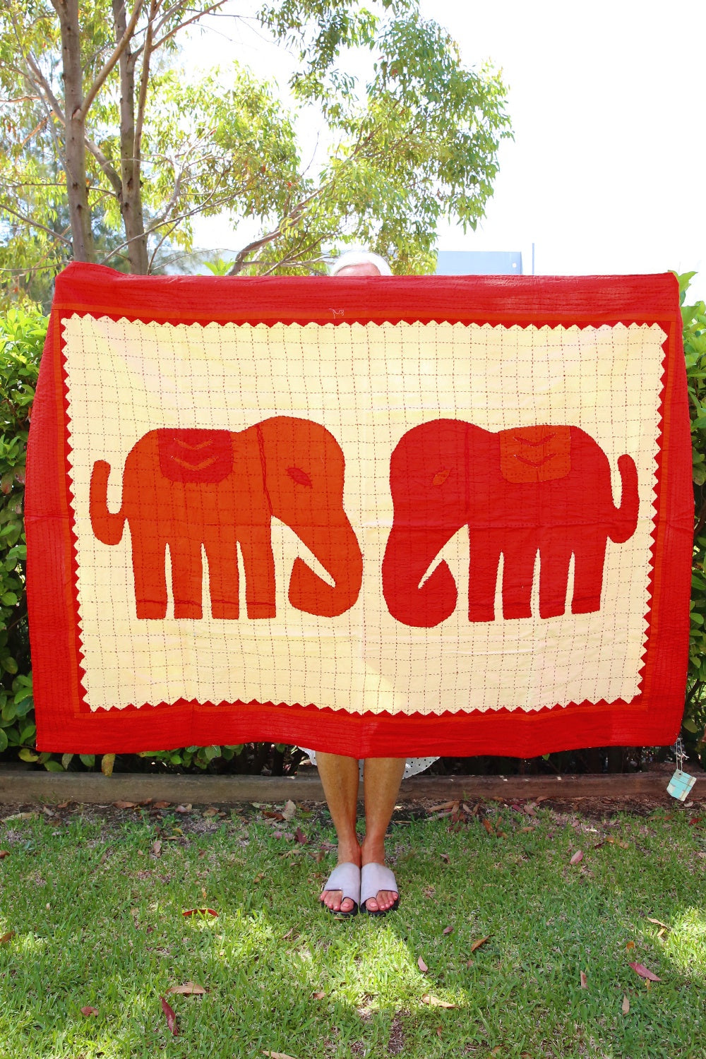 Kantha Quilt Cream with Red Elephants