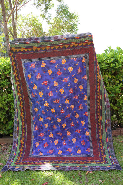 Kantha Quilt Blue with Orange Flowers