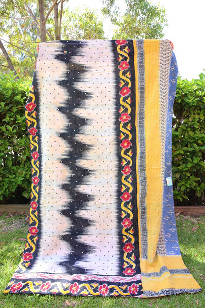 Kantha Quilt Black, Cream, Yellow and Red