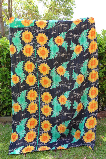 Kantha Quilt Black with Yellow Flowers