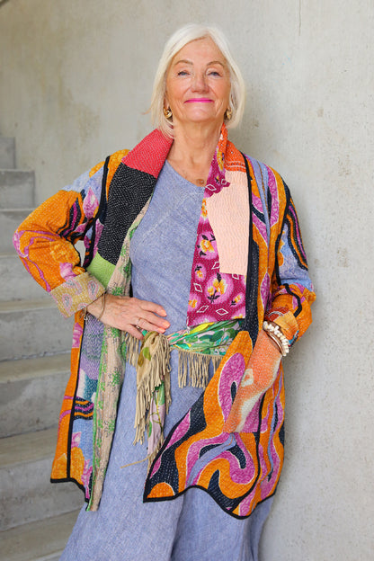 KANTHA COAT REVERSIBLE PATCHWORK GREEN DIAMOND