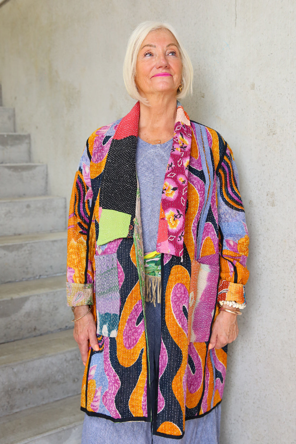 KANTHA COAT REVERSIBLE PATCHWORK GREEN DIAMOND