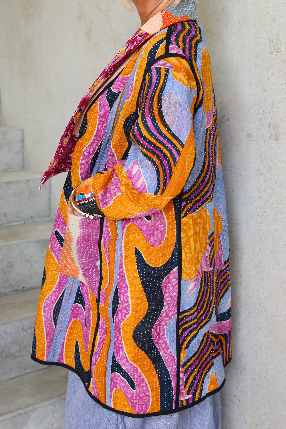 KANTHA COAT REVERSIBLE PATCHWORK GREEN DIAMOND