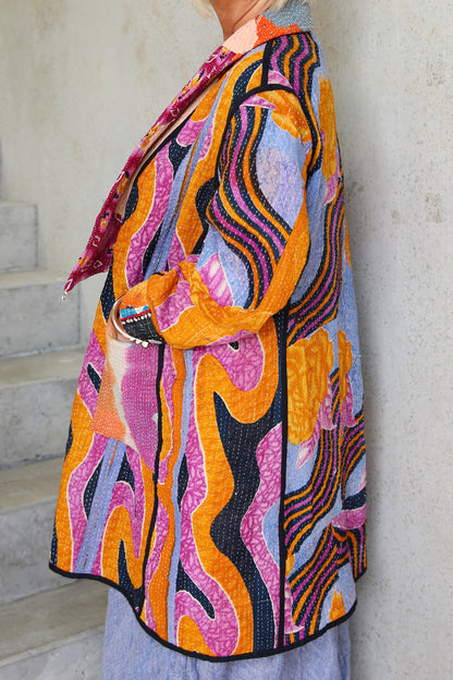 KANTHA COAT REVERSIBLE PATCHWORK GREEN DIAMOND