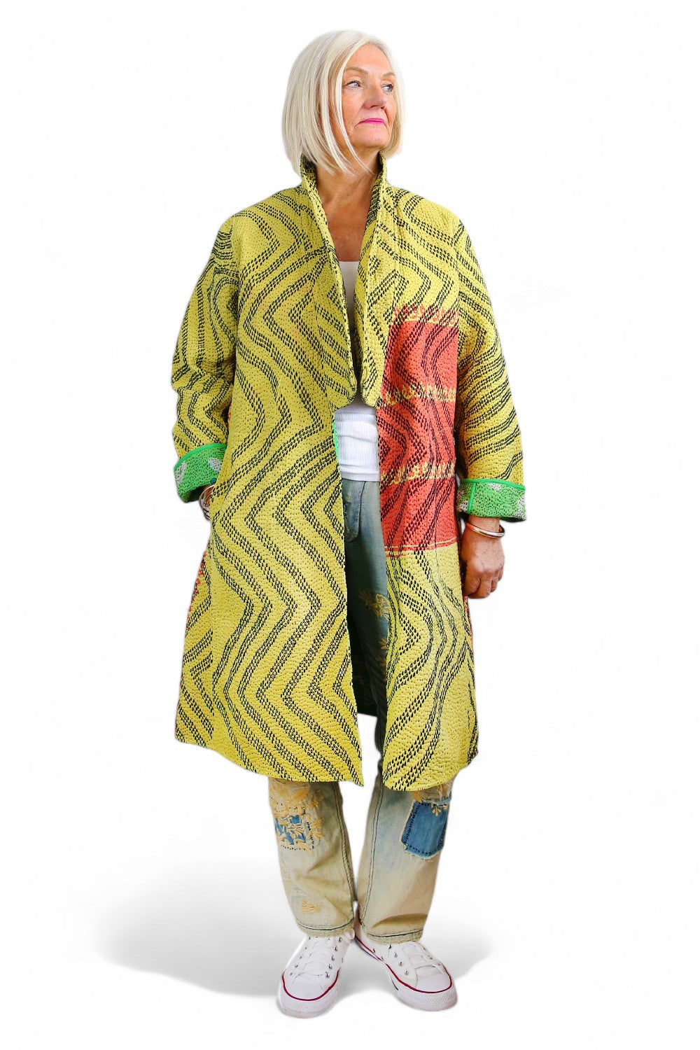 KANTHA COAT YELLOW LIME GEO PATCHWORK