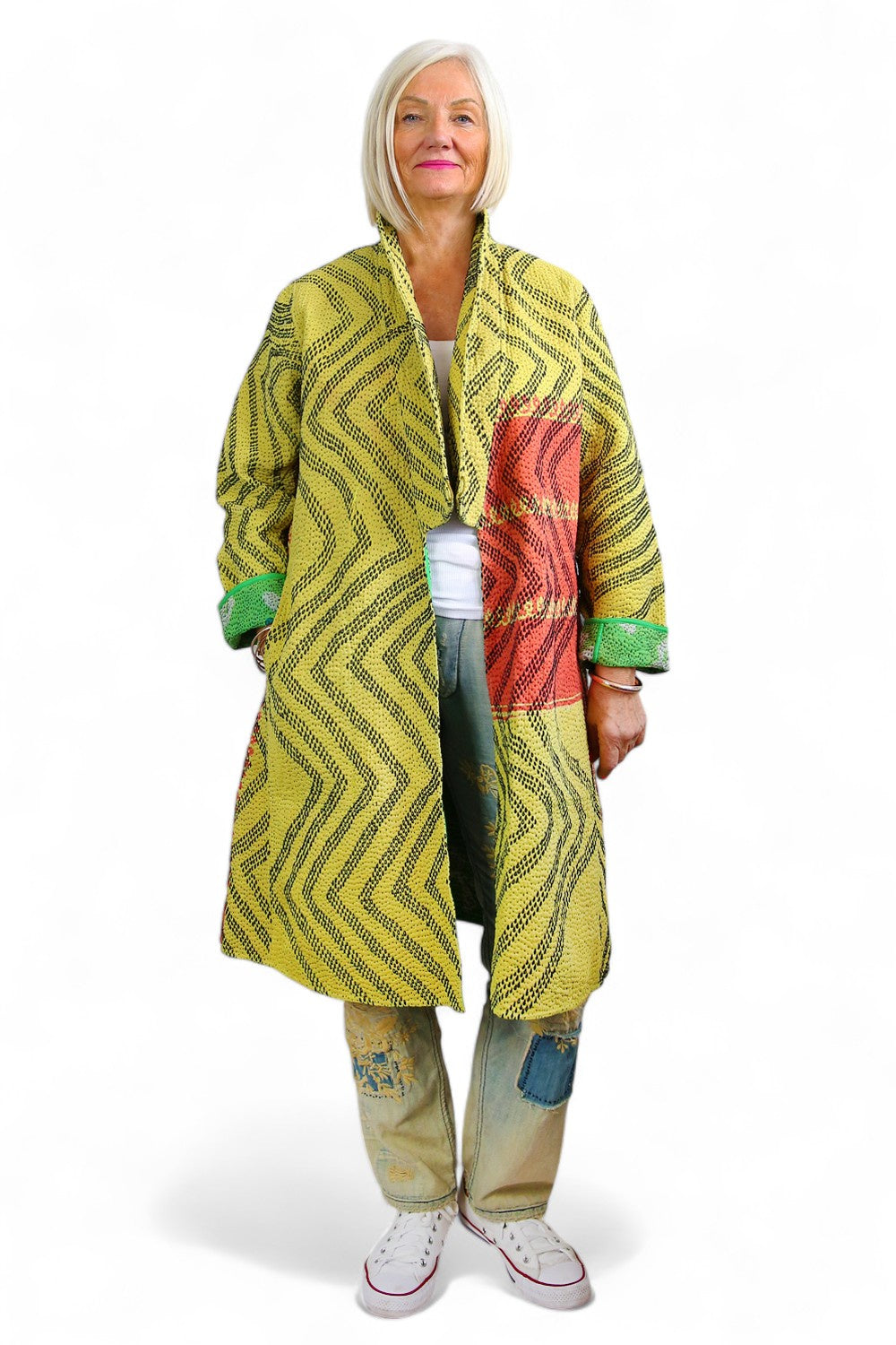 KANTHA COAT YELLOW LIME GEO PATCHWORK