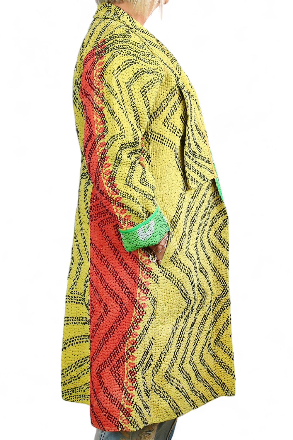 KANTHA COAT YELLOW LIME GEO PATCHWORK