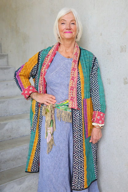 Kantha Coat Turquoise Stripe