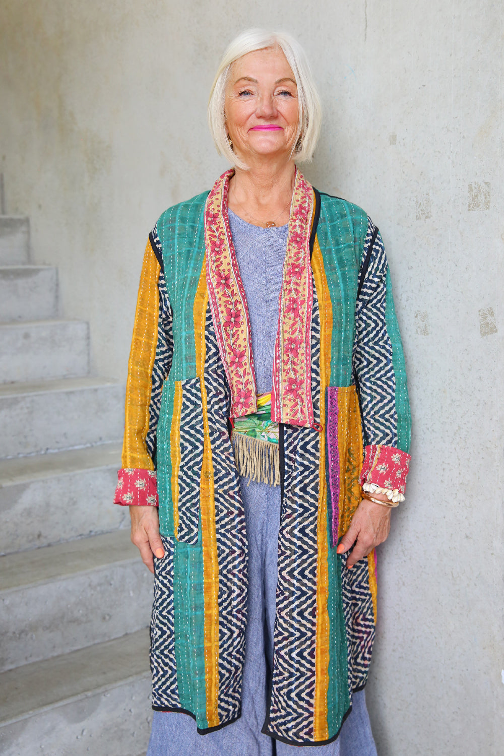 Kantha Coat Turquoise Stripe