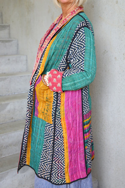 Kantha Coat Turquoise Stripe