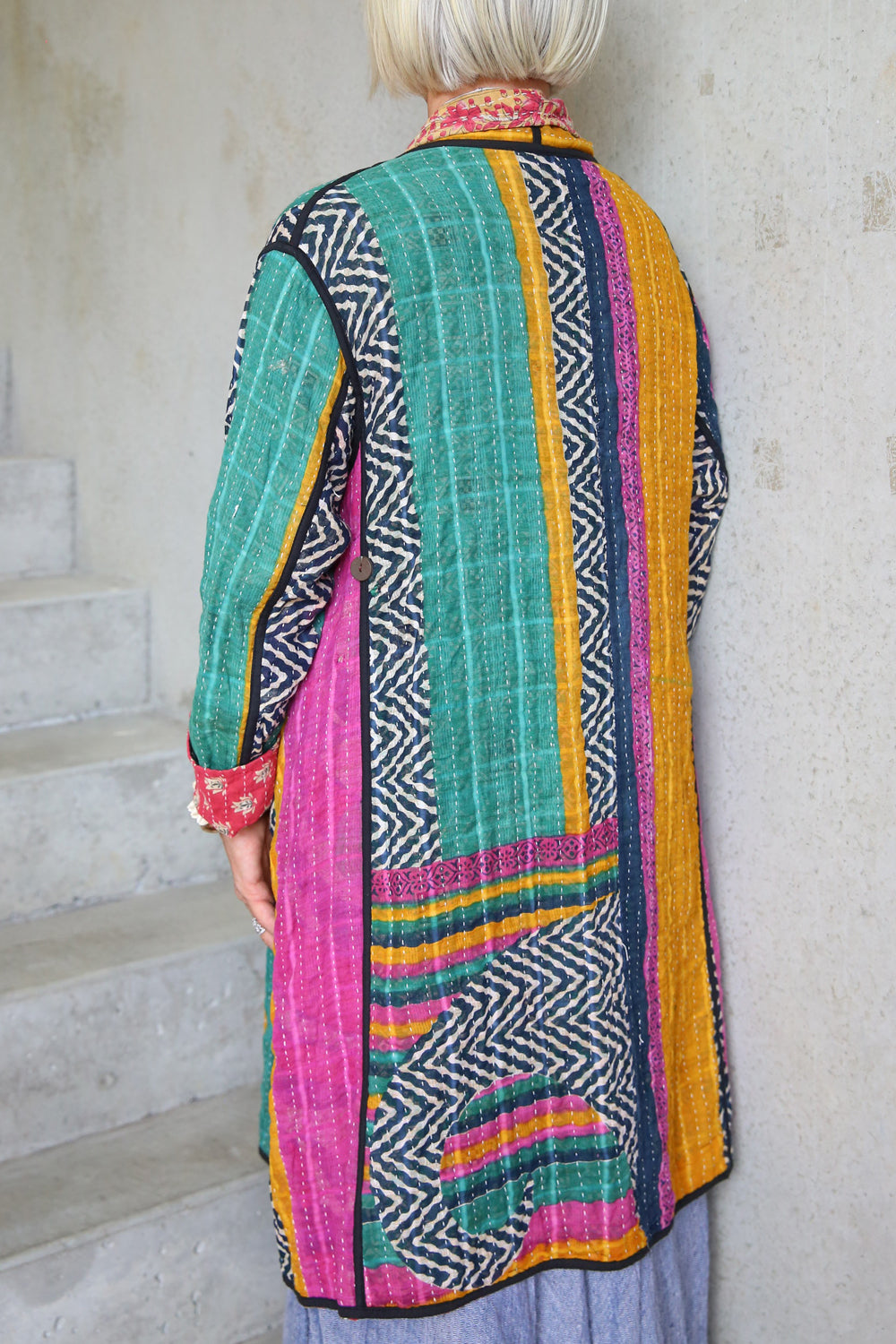 Kantha Coat Turquoise Stripe