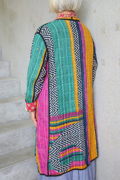 Kantha Coat Turquoise Stripe