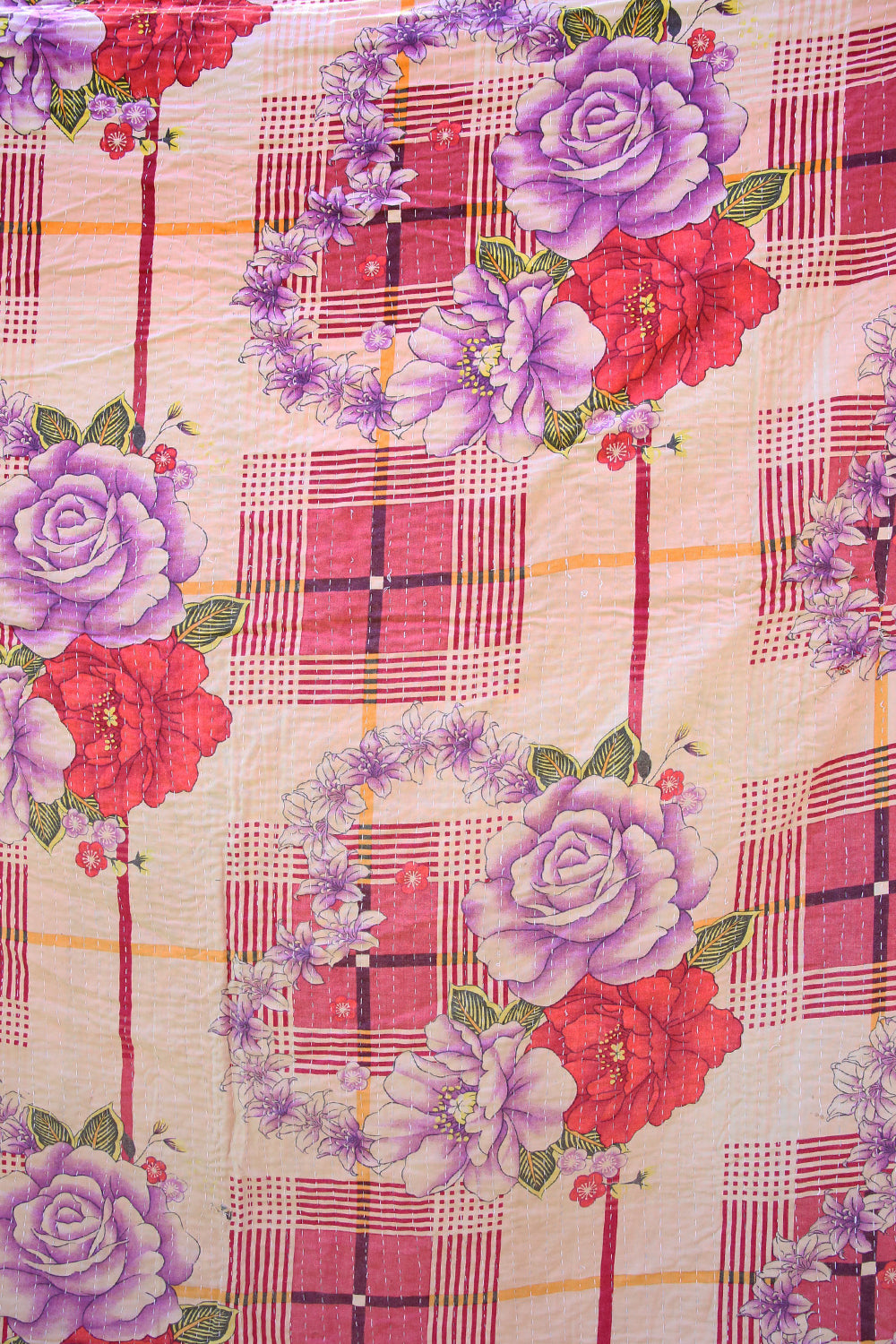 Kantha Quilt Red Check with Purple Flowers