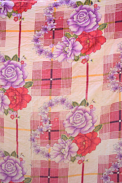 Kantha Quilt Red Check with Purple Flowers