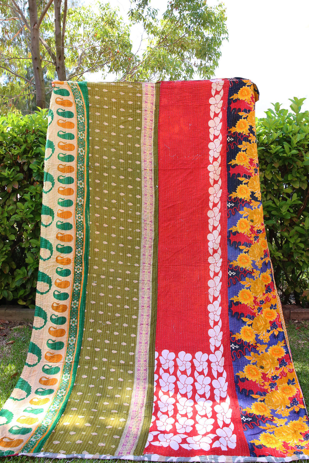 Kantha Quilt Red Check with Purple Flowers