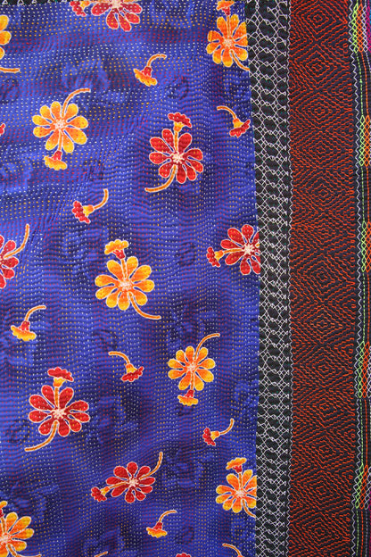 Kantha Quilt Blue with Orange Flowers