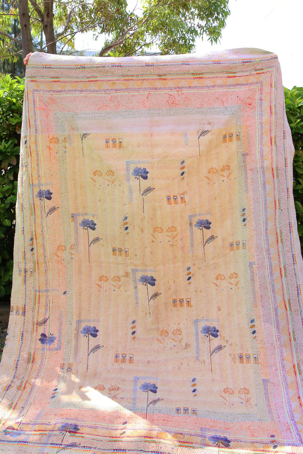 Kantha Quilt Blue with Orange Flowers
