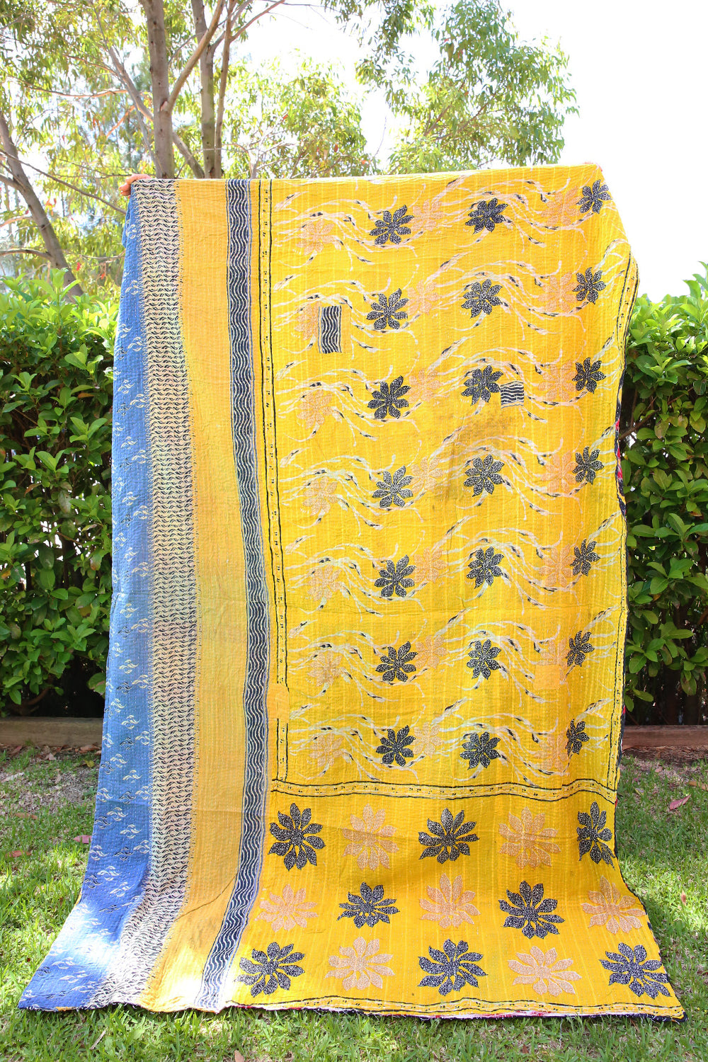 Kantha Quilt Black, Cream, Yellow and Red
