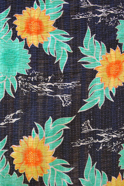 Kantha Quilt Black with Yellow Flowers