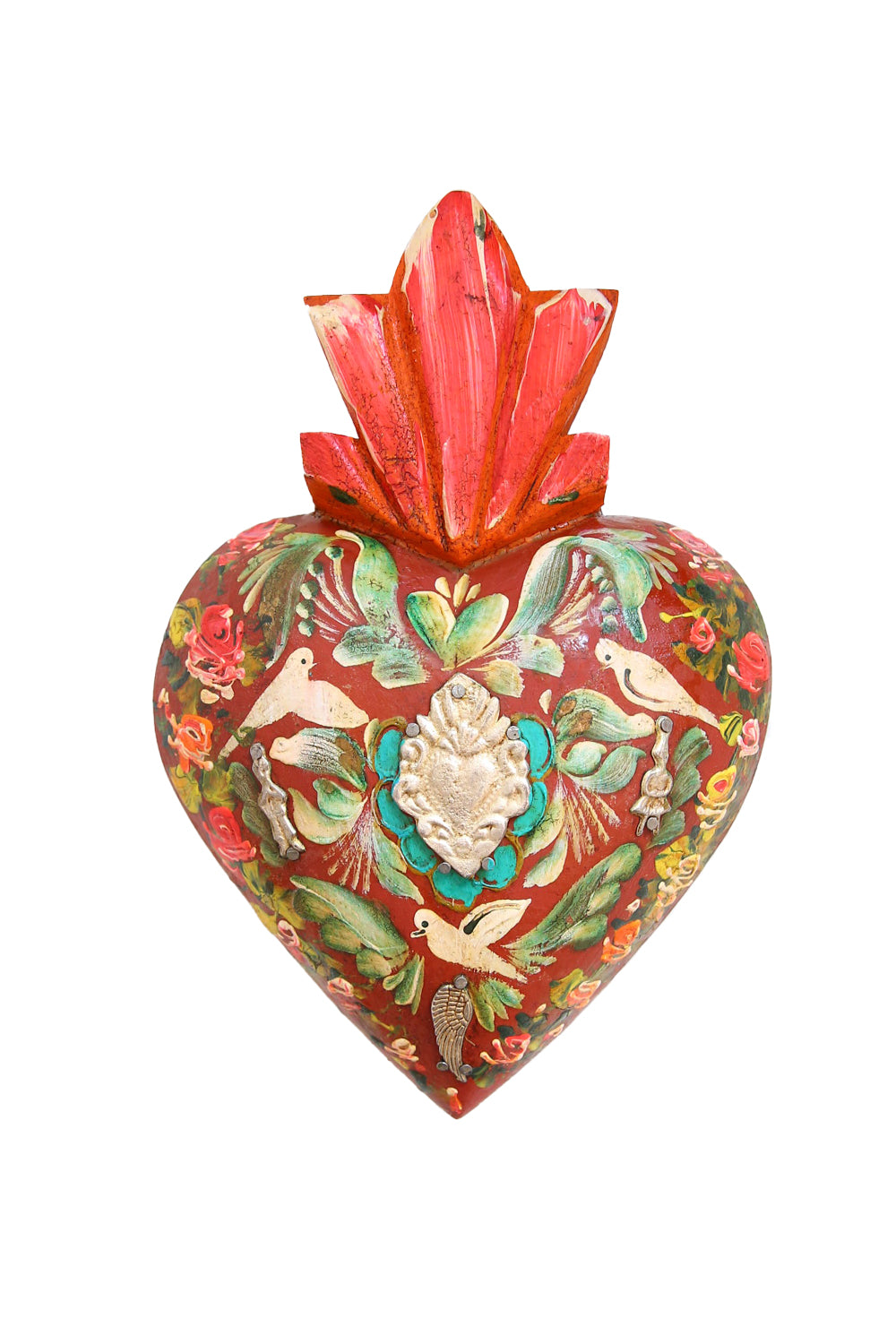 MEXICAN WOODEN SACRED HEART W/ VIRGIN MARY MILAGRO