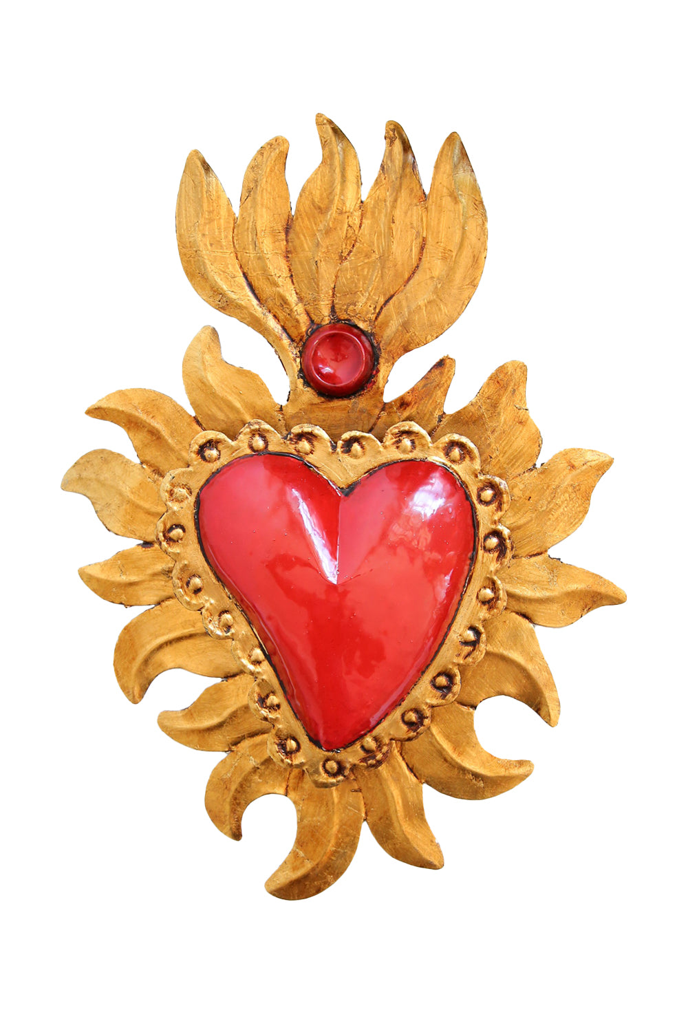 MEXICAN FOLK ART TIN ANTIQUE RED AND GOLD HEART