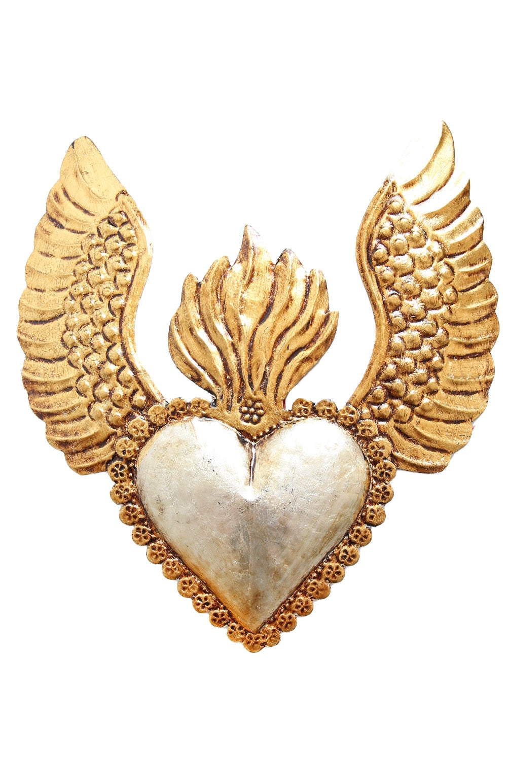 Mexican Folk Art Tin Antique Gold Silver Heart W/Wings