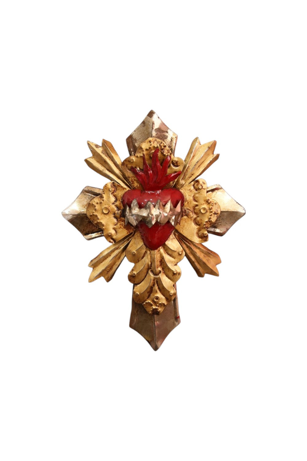 MEXICAN TIN GOLDEN HEART CENTRE CROSS