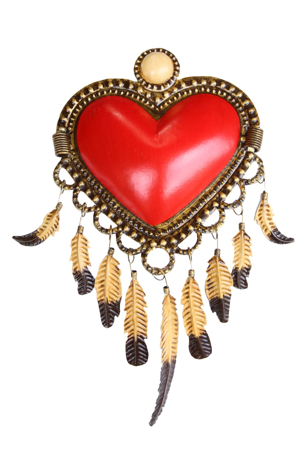 Mexican Folk Art Tin Heart W/Tin Feathers