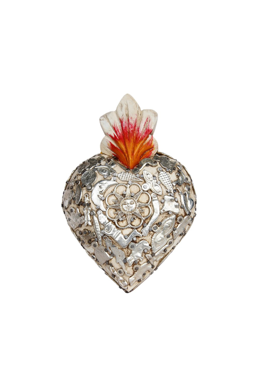 Mexican Folk Art White Wooden Milagros Heart Medium