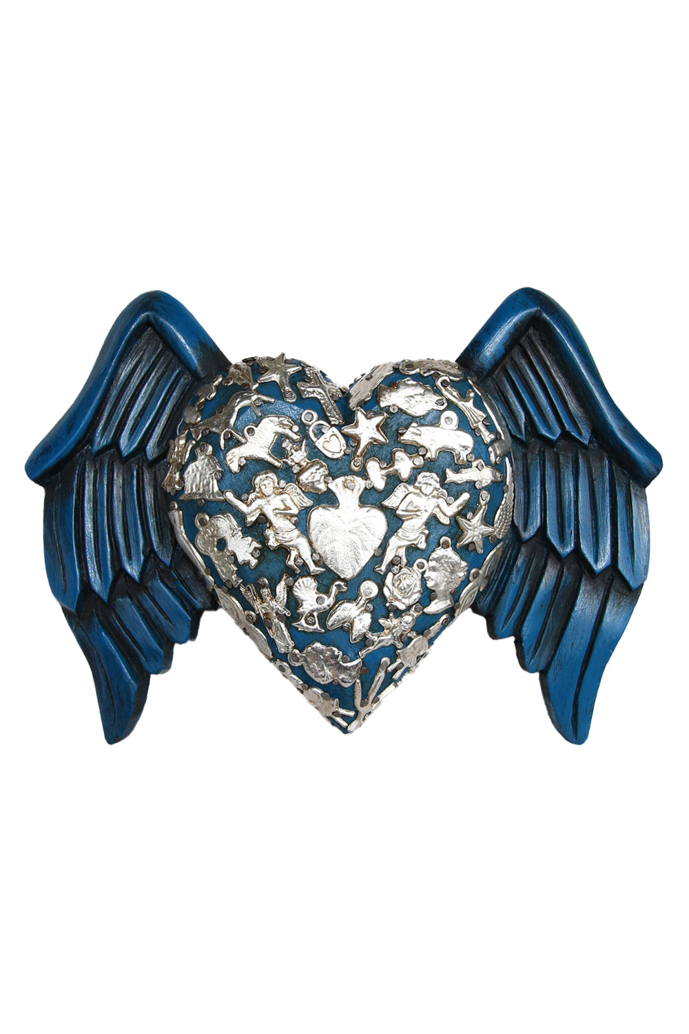 Mexican Folk Art Heart W/Carved Wings &amp;  Milagros