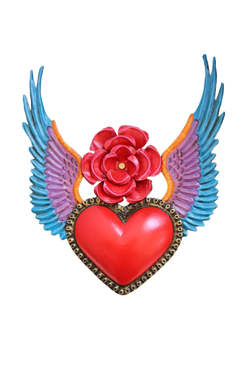 MEXICAN FOLK ART TIN HEART WITH WINGS AND ROSE