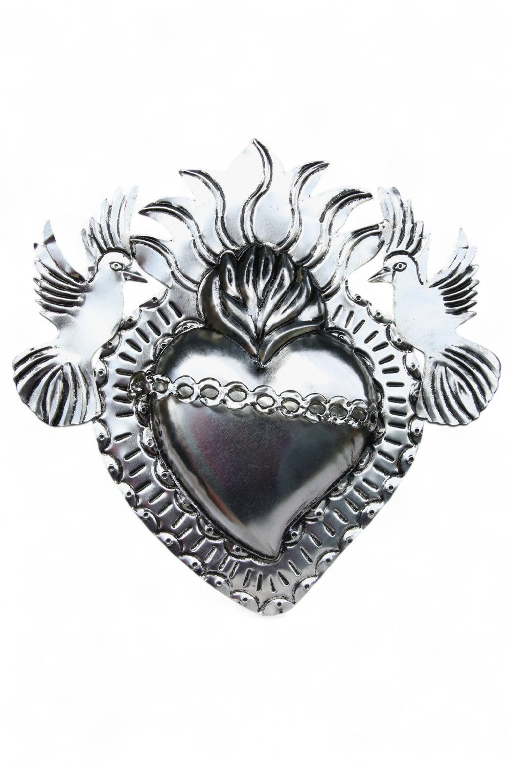 Mexican Folk Art Tin Silver Heart W/Doves