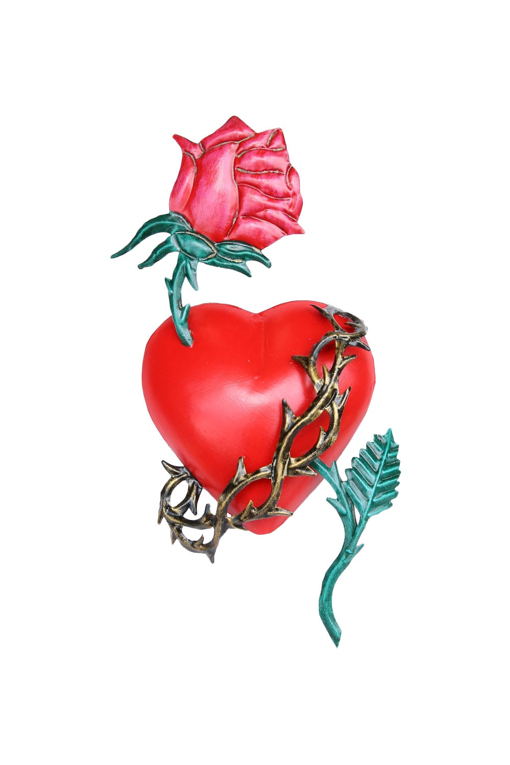 Mexican Folk Art Tin Heart W/Rose &amp; Thorns