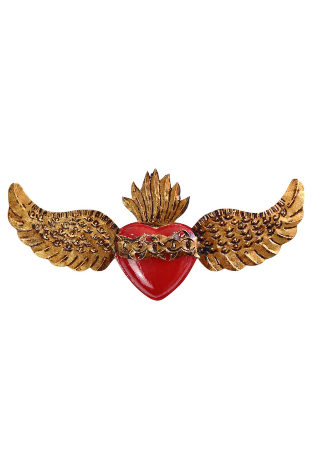 MEXICAN FOLK ART TIN RED HEART WITH GOLD WINGS